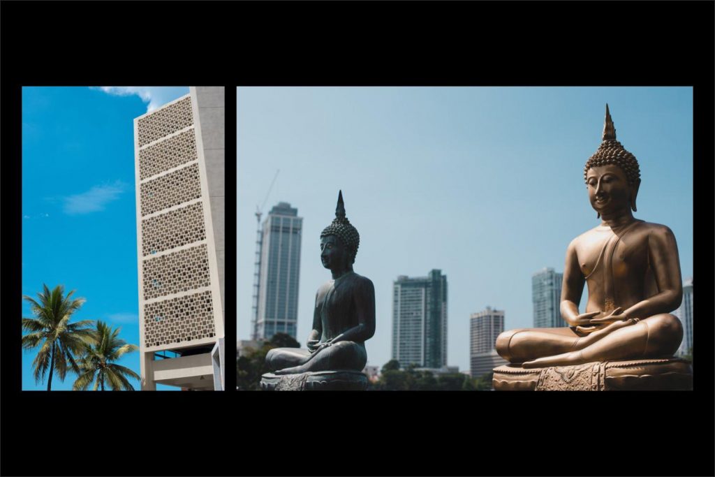 Sri Lanka photographer: Modern architecture among buddha statues.