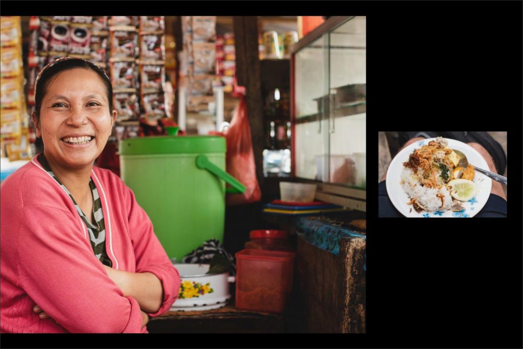 Photographer Bali: a happy street vendor and the food.