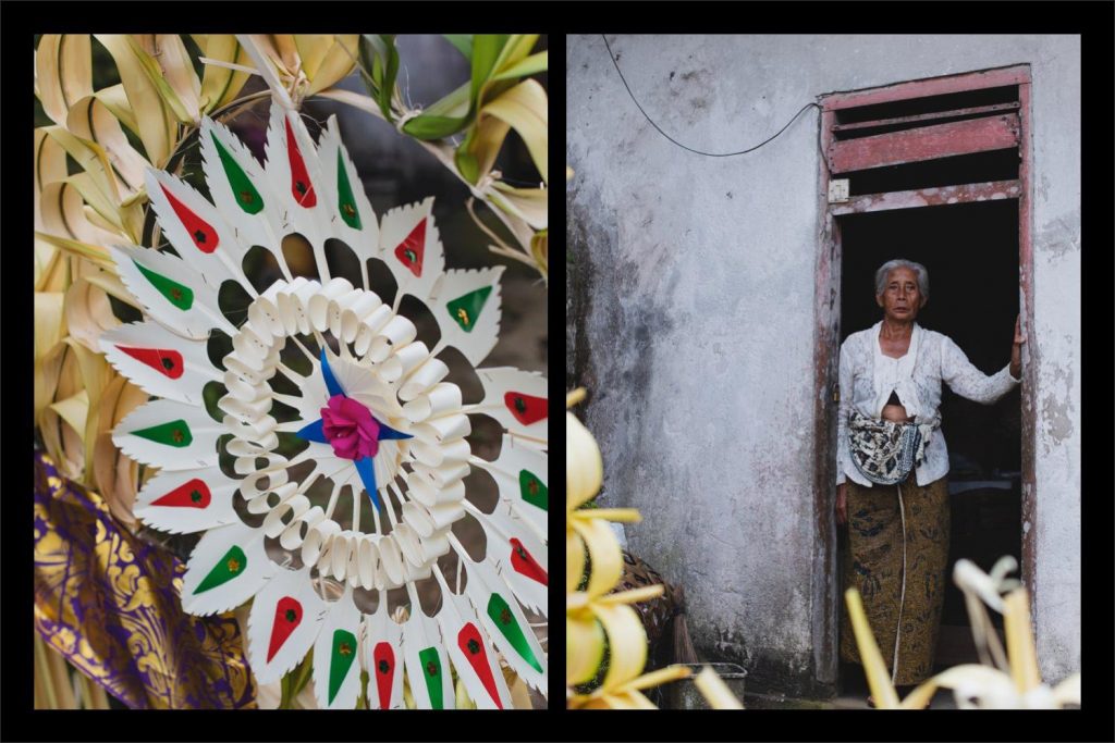 Photographer Bali: flower decoration at the temple and the lady next door.