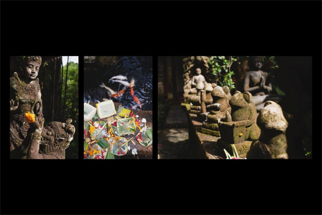 Photographer Bali: ornate stone sculptures covered in moss and offerings.
