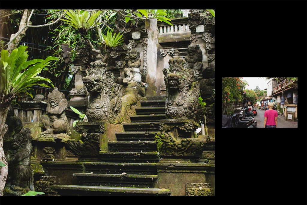 Photographer Bali: ornate staircase with lush greenery and the streets of Ubud.