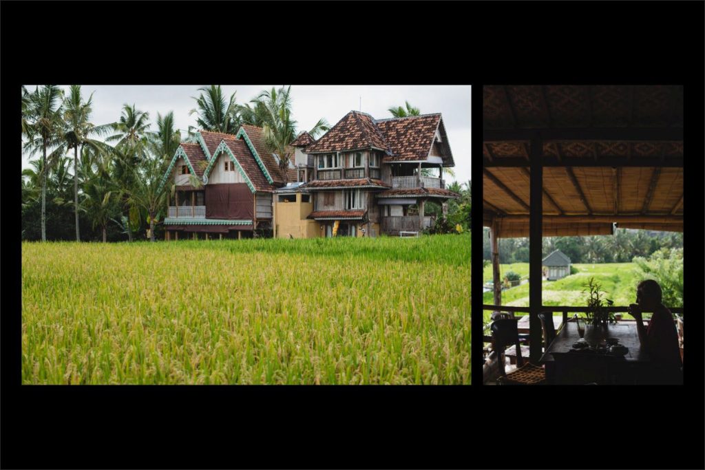 Photographer Bali: unusual house in rice fields and a tea break.