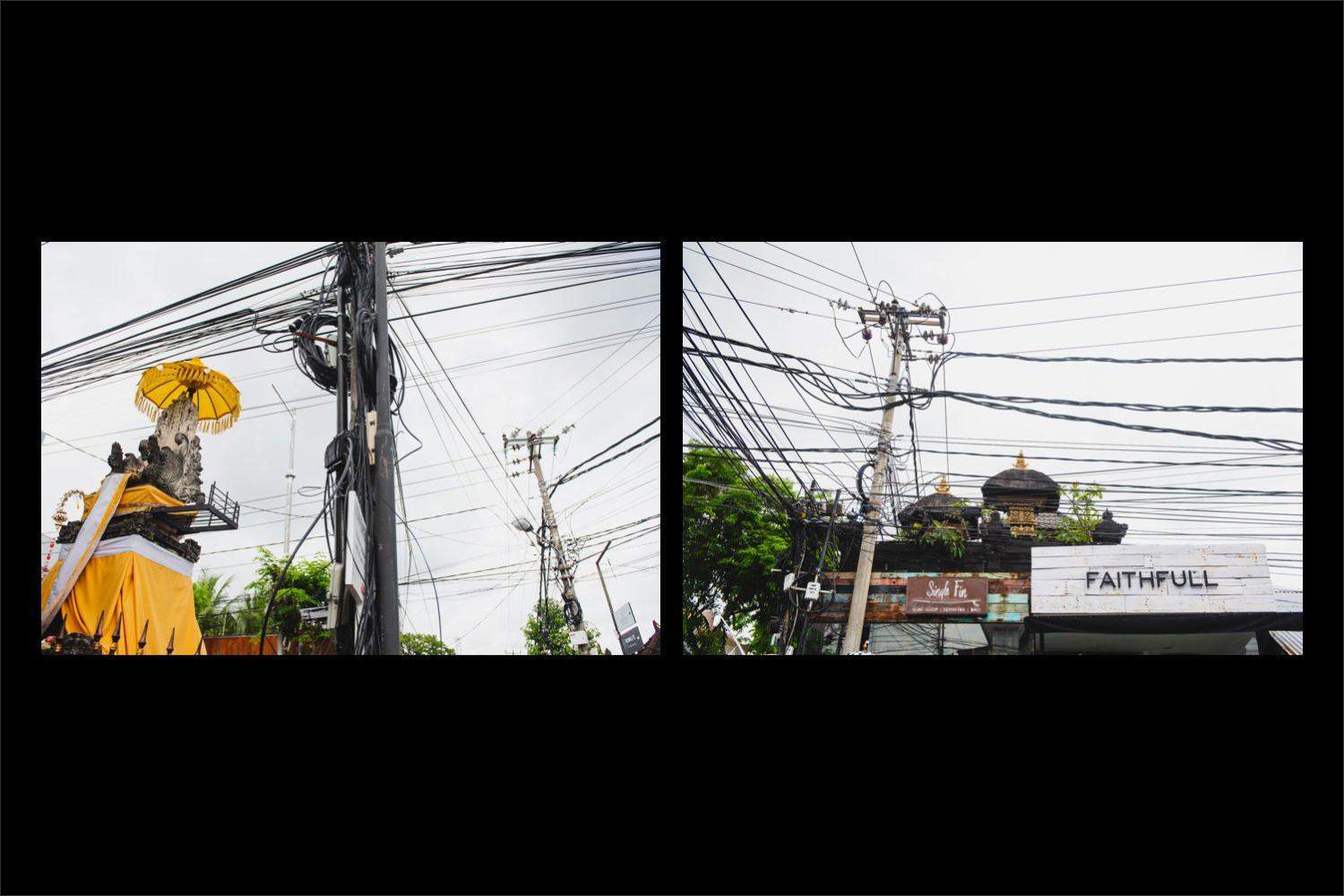 Photographer Bali: power cables towering the streets and shrines.