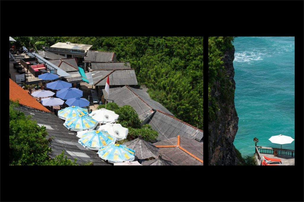 Photographer Bali: colourful umbrellas and houses with stunning views from cliffs.