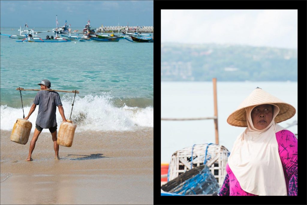 Photographer Bali: lady with traditional hat watching the water man standing at the beach.