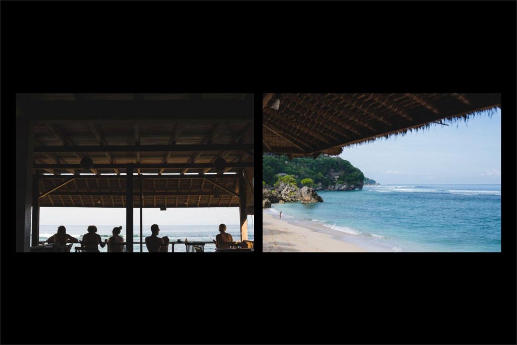 Photographer Bali: cafe atmosphere and the sandy beach in front.
