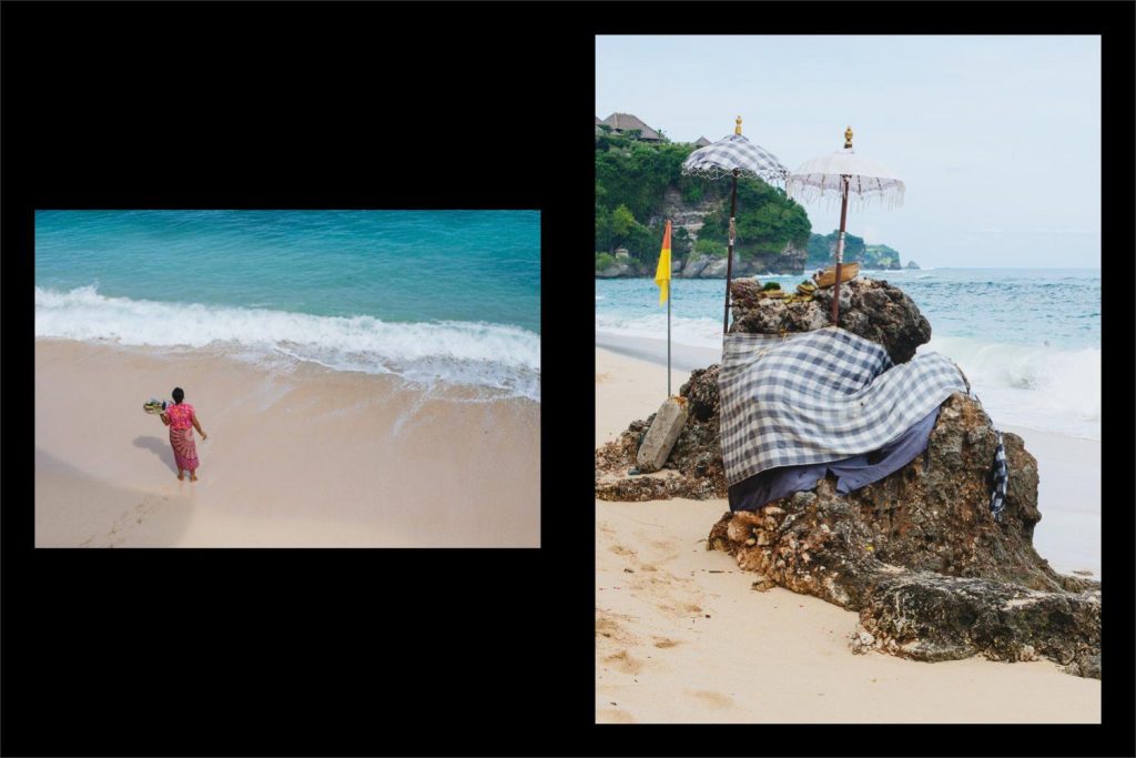 Photographer Bali: lady with offerings at sandy beach and beautiful rock shrine.