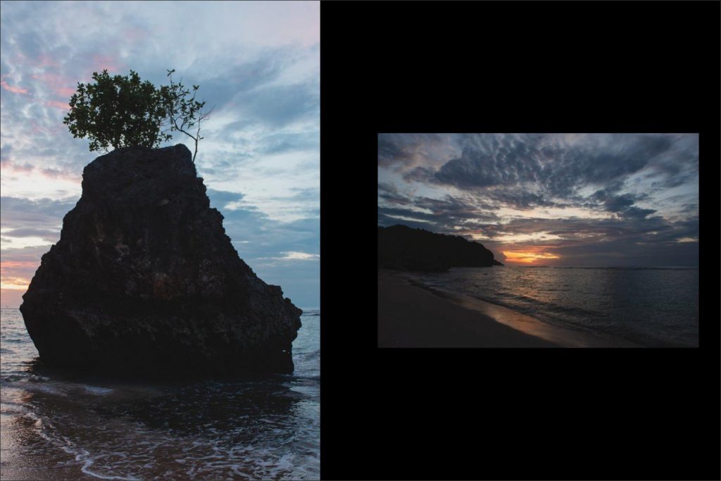 Bali Uluwatu wedding: colourful sunset over the water and the boulder with a tree.