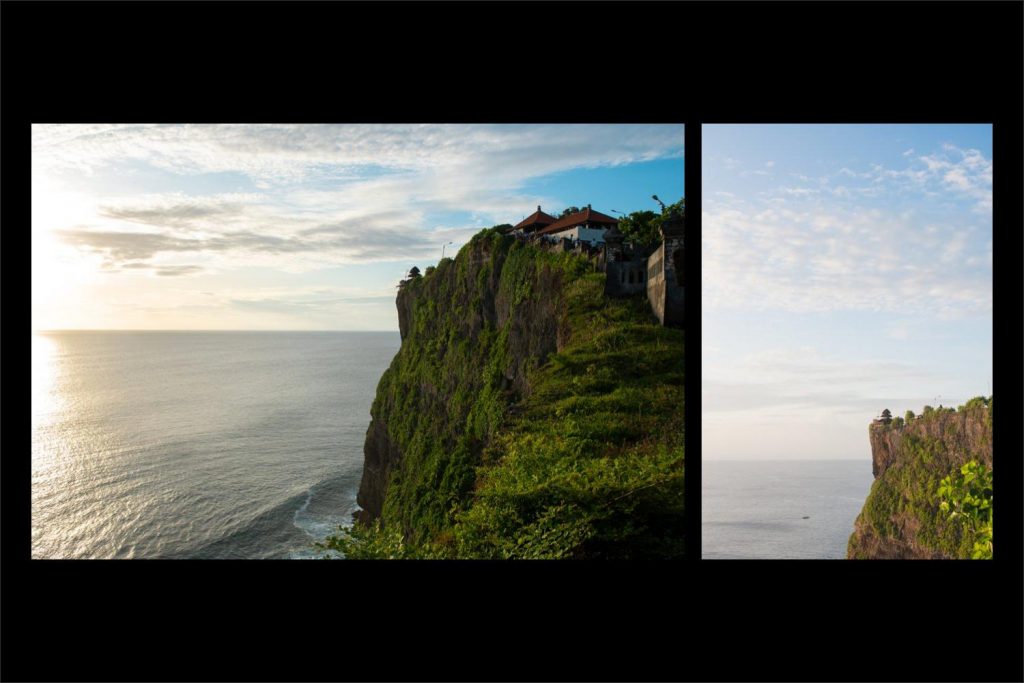 Bali Uluwatu wedding: high cliffs and the temple towering the waters.